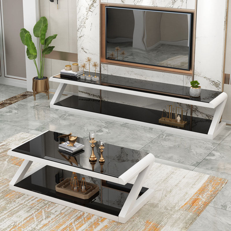 17.7"H Rectangle Glass Coffee Table Steel Abstract Base Cocktail Table with Shelf Clearhalo 'Coffee & Accent Tables' 'Coffee Tables' 'coffee_tables' 'furn' 'furn_coffee_tables' 'Furniture' 'Living Room Furniture' 6434410