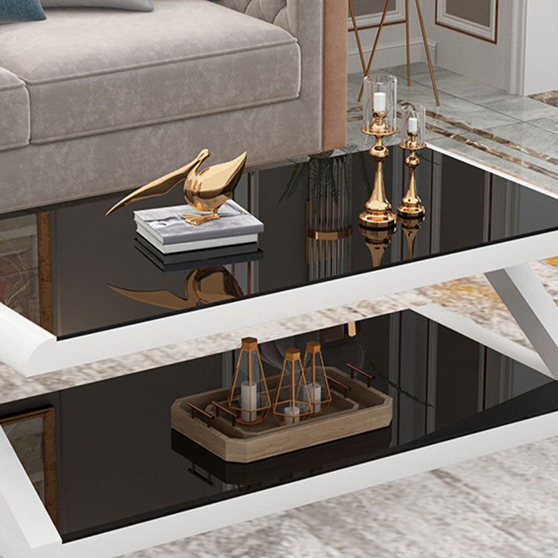 17.7"H Rectangle Glass Coffee Table Steel Abstract Base Cocktail Table with Shelf Clearhalo 'Coffee & Accent Tables' 'Coffee Tables' 'coffee_tables' 'furn' 'furn_coffee_tables' 'Furniture' 'Living Room Furniture' 6434413