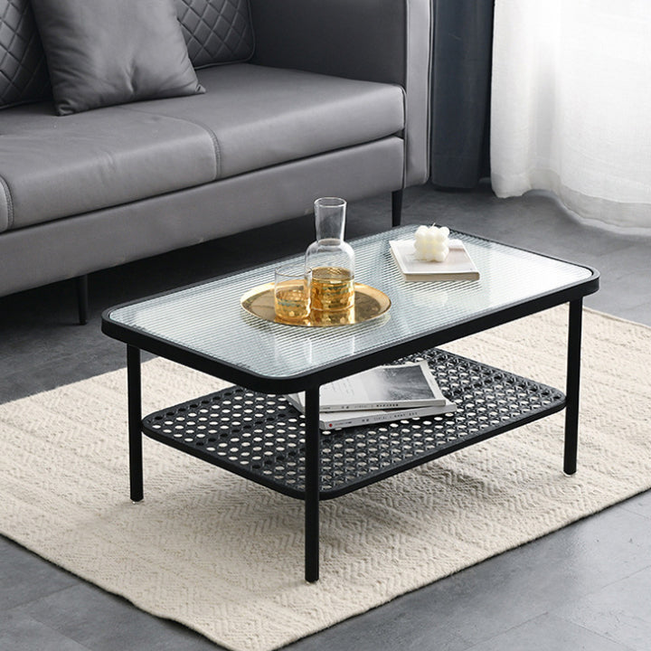 4 Legs Cocktail Table Glass Rectangular Coffee Table with Shelf Black Clearhalo 'Coffee & Accent Tables' 'Coffee Tables' 'coffee_tables' 'furn' 'furn_coffee_tables' 'Furniture' 'Living Room Furniture' 6434547