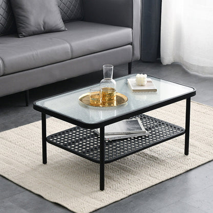 4 Legs Cocktail Table Glass Rectangular Coffee Table with Shelf Black Clearhalo 'Coffee & Accent Tables' 'Coffee Tables' 'coffee_tables' 'furn' 'furn_coffee_tables' 'Furniture' 'Living Room Furniture' 6434547