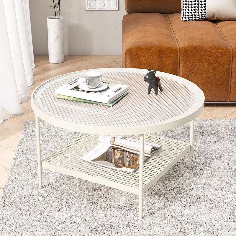 Table de cocktail ronde en verre, table basse en fer à 4 pieds avec étagère