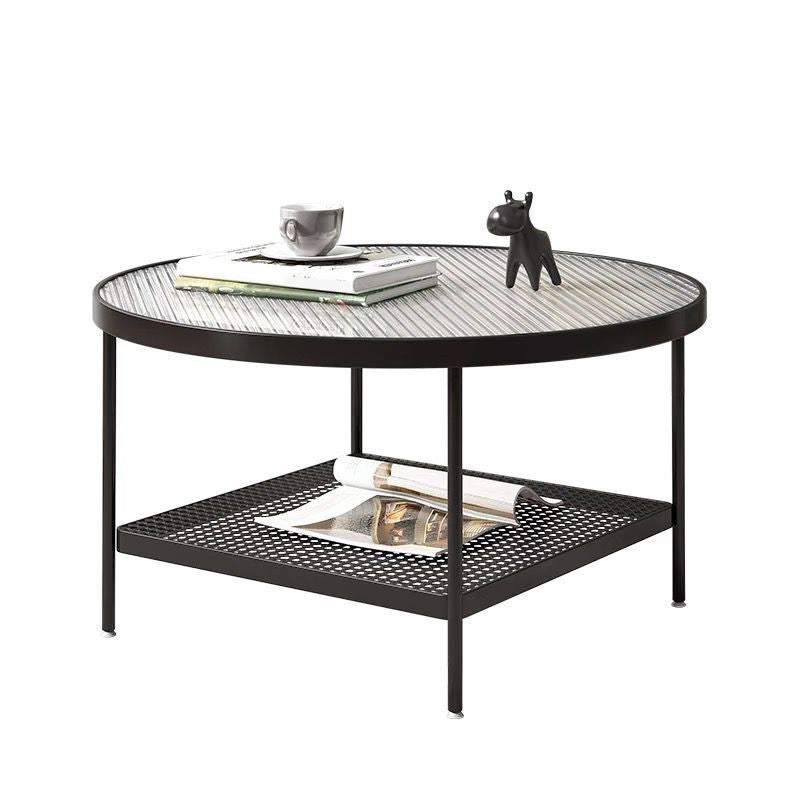 Table de cocktail ronde en verre, table basse en fer à 4 pieds avec étagère