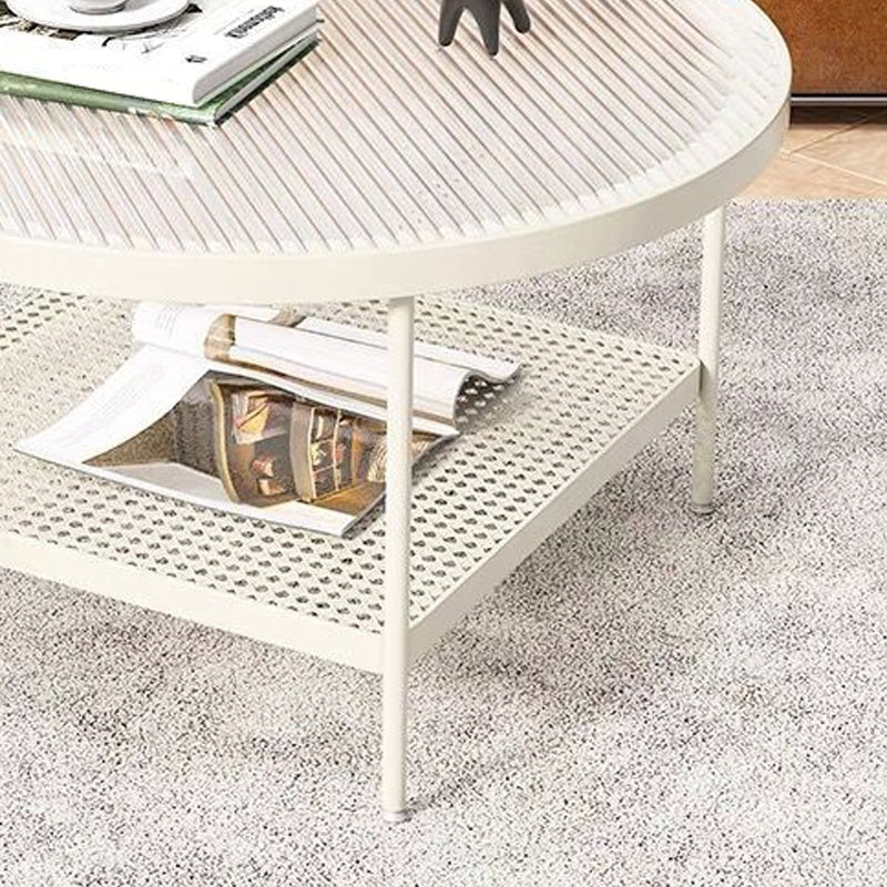 Table de cocktail ronde en verre, table basse en fer à 4 pieds avec étagère
