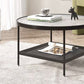 Table de cocktail ronde en verre, table basse en fer à 4 pieds avec étagère