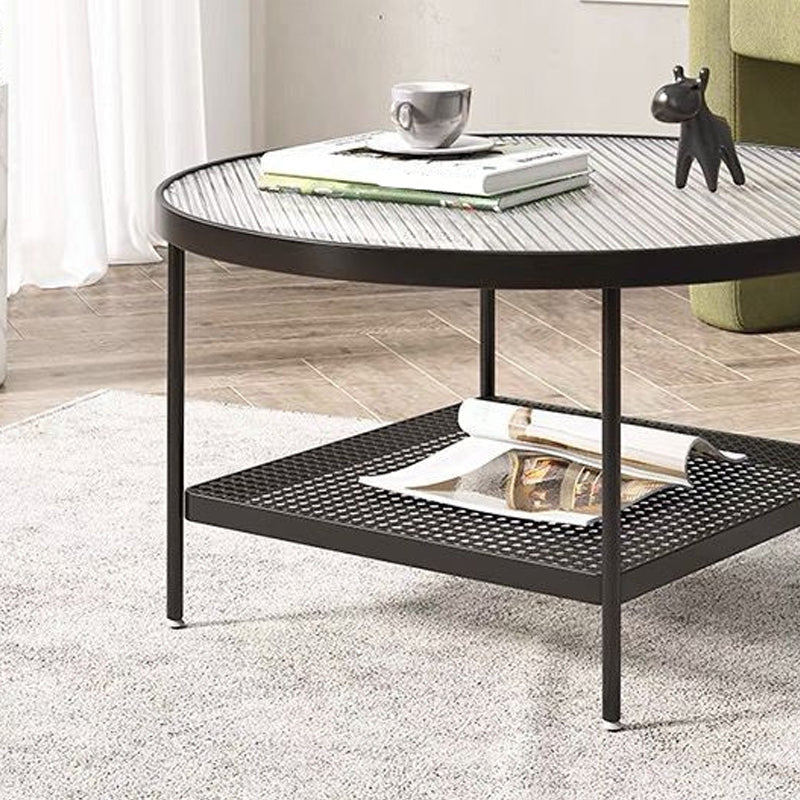 Table de cocktail ronde en verre, table basse en fer à 4 pieds avec étagère