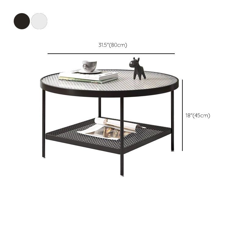 Table de cocktail ronde en verre, table basse en fer à 4 pieds avec étagère