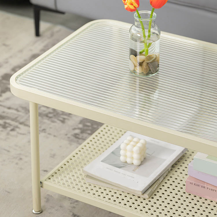Table basse rectangulaire en verre de 15,75 po, table de cocktail à 4 pieds en fer avec étagère