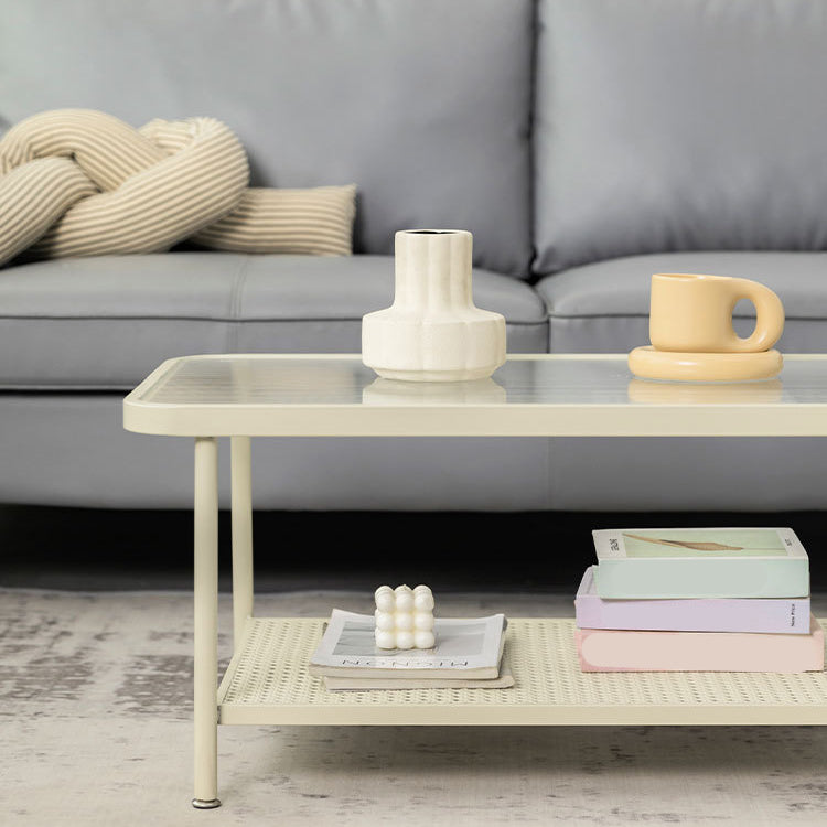 Table basse rectangulaire en verre de 15,75 po, table de cocktail à 4 pieds en fer avec étagère