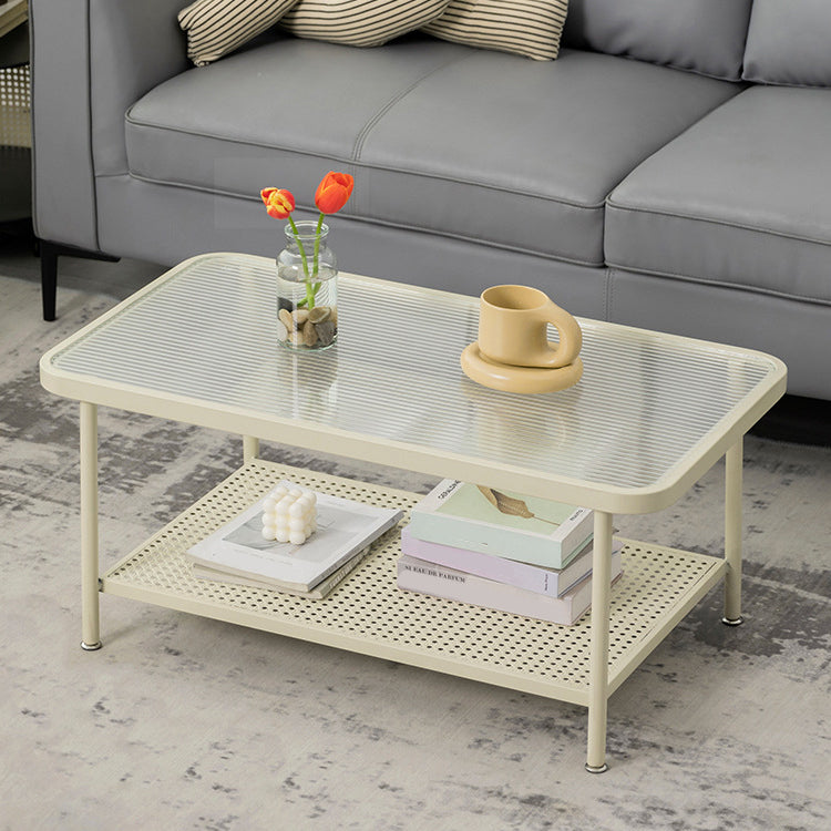 Table basse rectangulaire en verre de 15,75 po, table de cocktail à 4 pieds en fer avec étagère