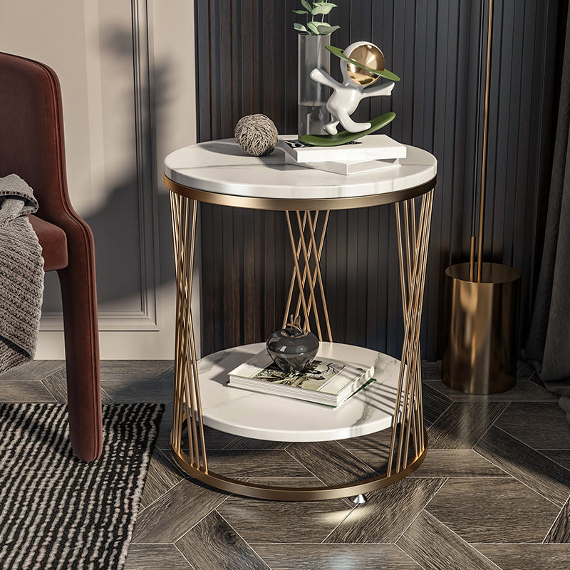 Marco de mármol modernista con estante redonda de mesa de estar de doble nivel