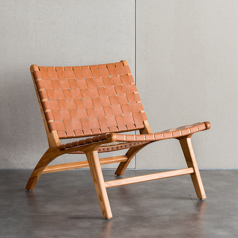 Woven Back Lounge Chair Basic Four Leg Solid Wood Chair for Living Room Genuine Leather Brown 1 Piece Clearhalo 'Accent Chairs' 'accent_chairs' 'Chairs & Seating' 'furn' 'furn_accent_chairs' 'Furniture' 'Living Room Furniture' 6435550