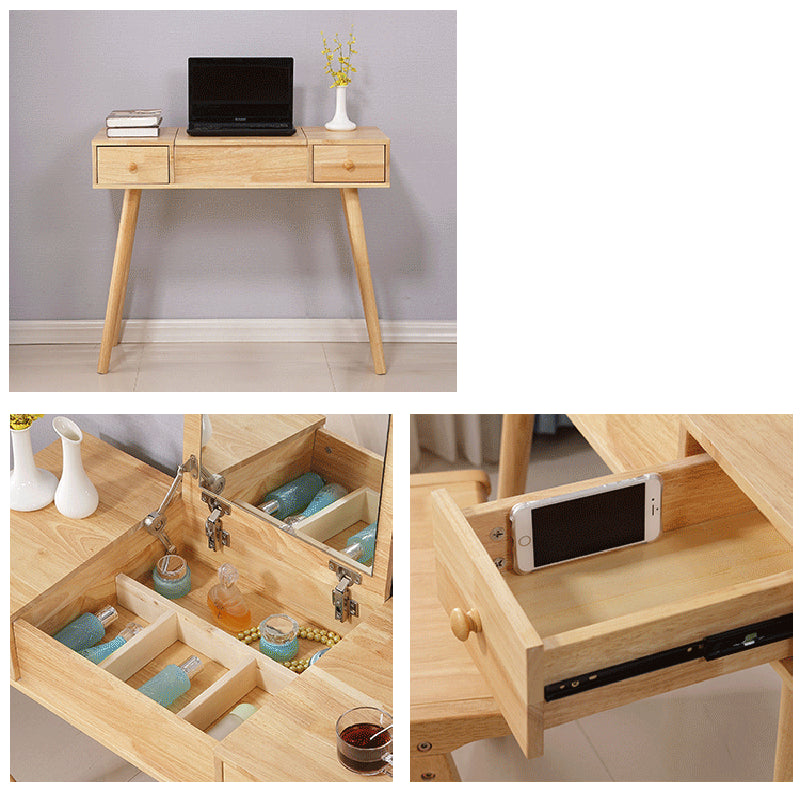 Solid Wood Vanity Dressing Table Scandinavian Flip-Top Mirror Vanity Desk