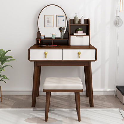 Scandinavian Solid Wood Makeup Counter with 3 Drawer and Mirror Makeup Vanity & Mirror & Stools Walnut White Clearhalo 'Bedroom Furniture' 'furn' 'furn_makeup_vanities' 'Furniture' 'Makeup Vanities' 'makeup_vanities' 6435778