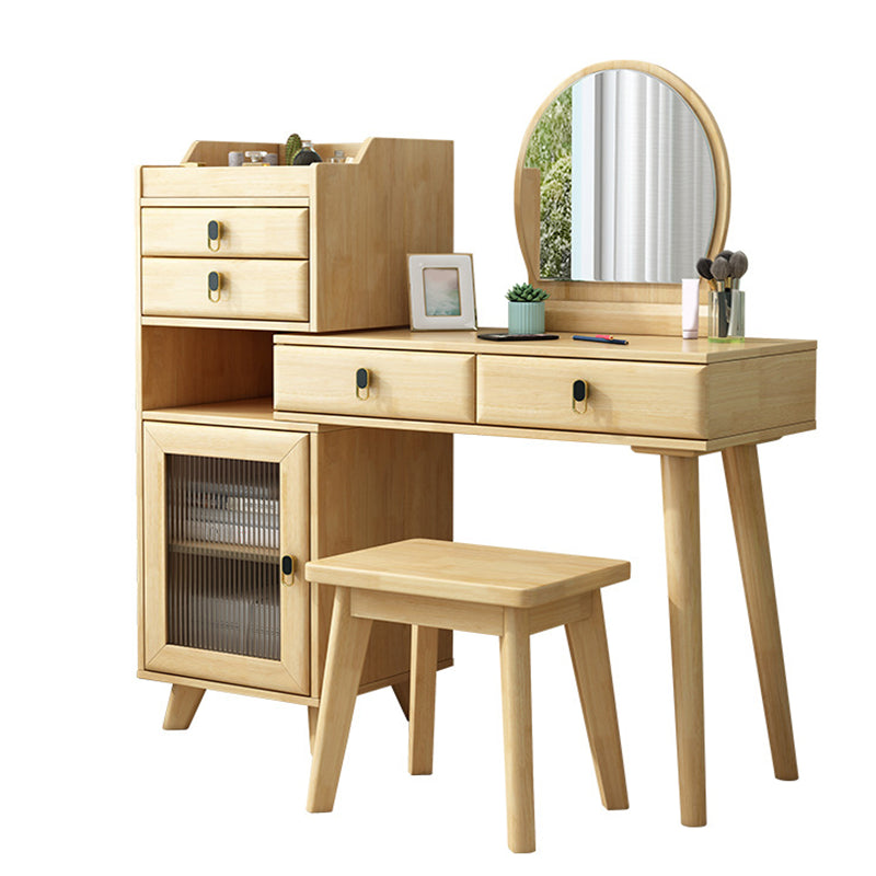 Set di vanità in gomma con sgabello e specchio scandinavo 4 cassetti