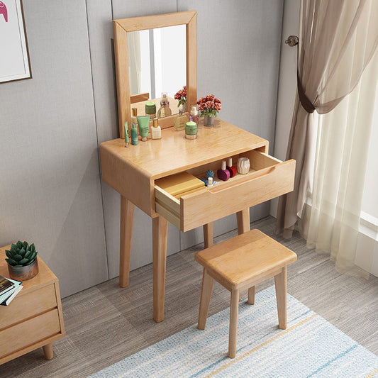 15.74" Wide Vanity Set with Drawer Solid Wood Make-up Vanity with Mirror and Stool Makeup Vanity & Stools 24"L x 16"W x 49"H Natural