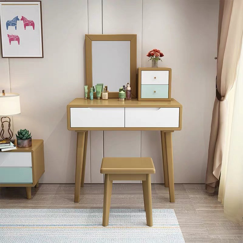 15.74 "Tocador de tocador ancho con cajón de tocador de maquillaje de madera maciza con espejo y taburetes