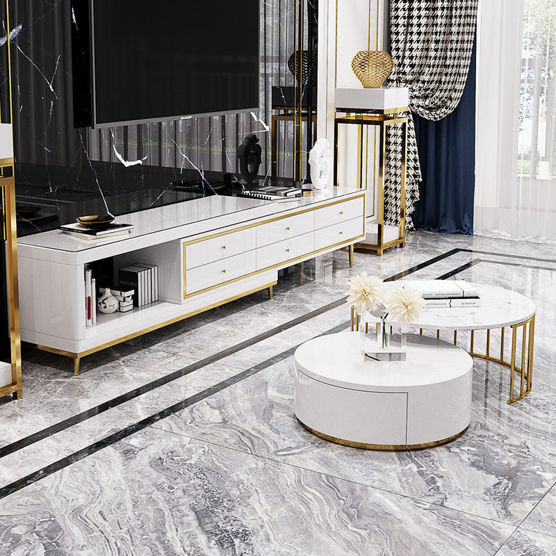 Glam – console sur pied en verre, tiroirs inclus, console multimédia avec pieds
