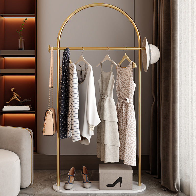 Modern Coat Rack Double Coat Hooks Metal Coat Rack with Marble Bottom 28"L x 13"W x 67"H Gold-White Clearhalo 'Entry & Mudroom Furniture' 'furn' 'furn_hall_tree_coat_racks' 'Furniture' 'Hall Trees & Coat Racks' 'hall_tree_coat_racks' 6448082