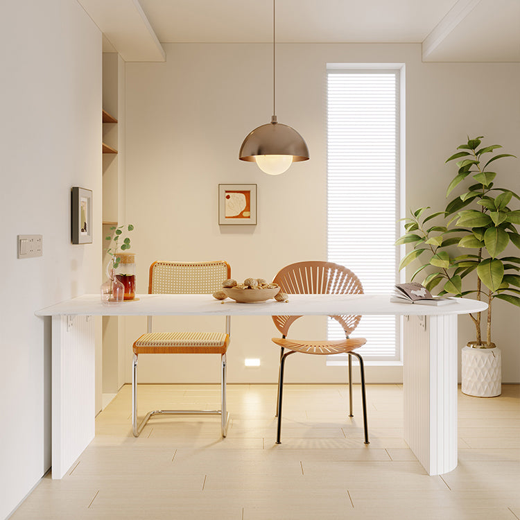 Mesa de comedor con pedestal doble blanco Mesa de comedor moderna con tapa de piedra