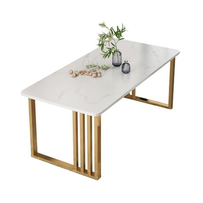 Mesa de comedor rectangular con base dorada, mesa de piedra Glam para cocina