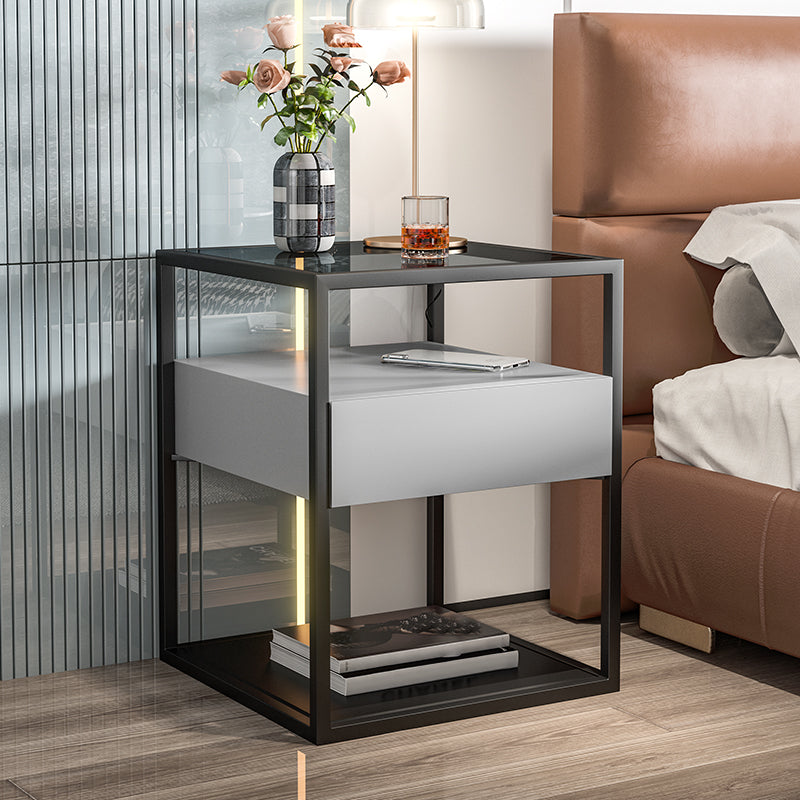Moderner Nachttisch mit 1 Schublade, Glasplatte und 1 Ablage, 54 cm hoch