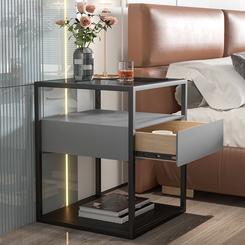 Moderner Nachttisch mit 1 Schublade, Glasplatte und 1 Ablage, 54 cm hoch