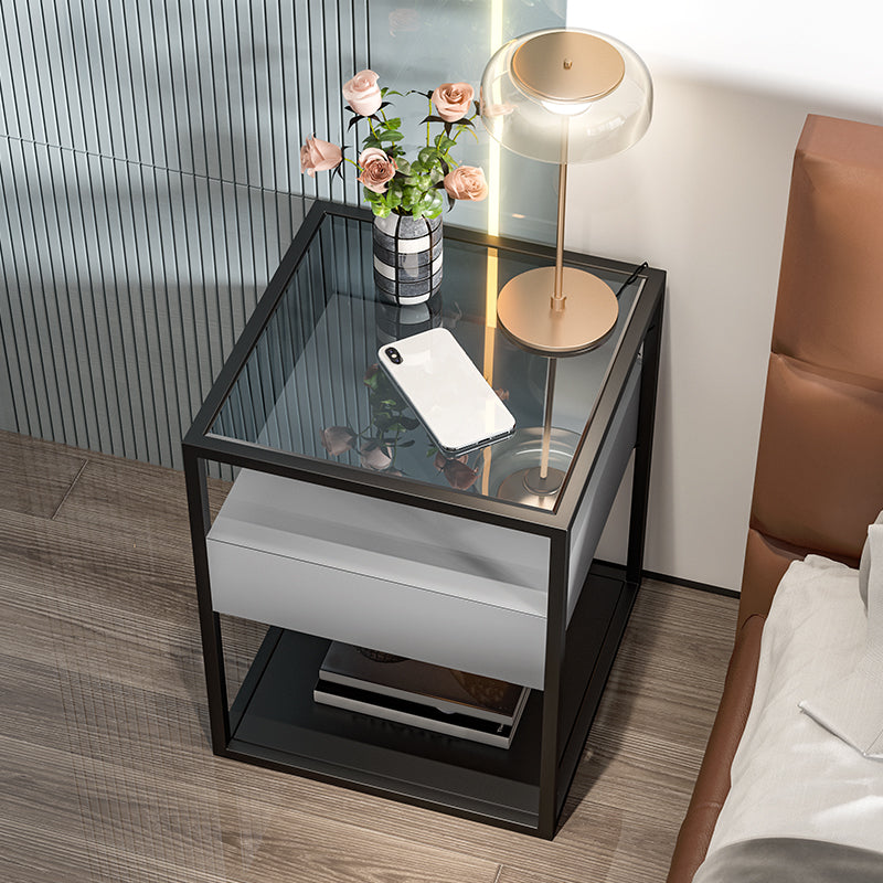 Moderner Nachttisch mit 1 Schublade, Glasplatte und 1 Ablage, 54 cm hoch