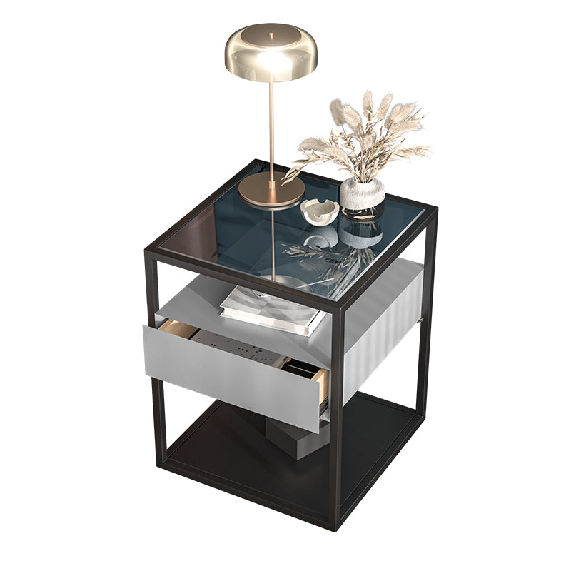 Moderner Nachttisch mit 1 Schublade, Glasplatte und 1 Ablage, 54 cm hoch