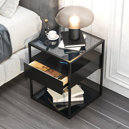 Moderner Nachttisch mit 1 Schublade, Glasplatte und 1 Ablage, 54 cm hoch