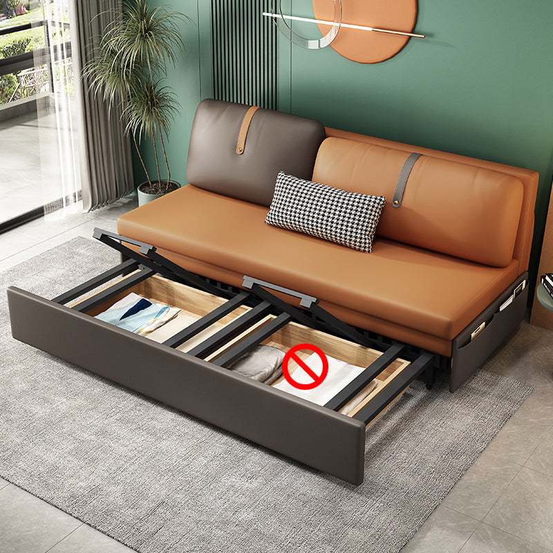 Contemporary Armless Bonded Leather Sofa Bed in Brown with Storage