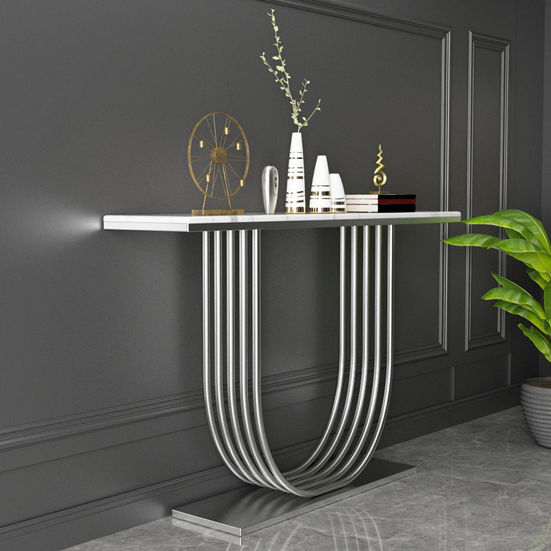 35.43" Tall Modern Console Table Marble 1-shelf Accent Table for Hall White-Silver Clearhalo 'Console Tables' 'console_tables' 'Entry & Mudroom Furniture' 'furn' 'furn_console_tables' 'Furniture' 6458136