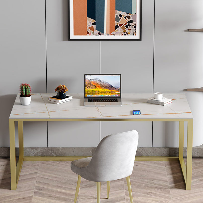 Glam Stone Office Desk 29.53" Tall Rectangular Writing Desk with Iron Base 70.9"L x 35.4"W x 29.5"H Clearhalo 'furn' 'furn_office_desk' 'Furniture' 'Office Desks' 'Office Furniture' 'office_desk' 6458682