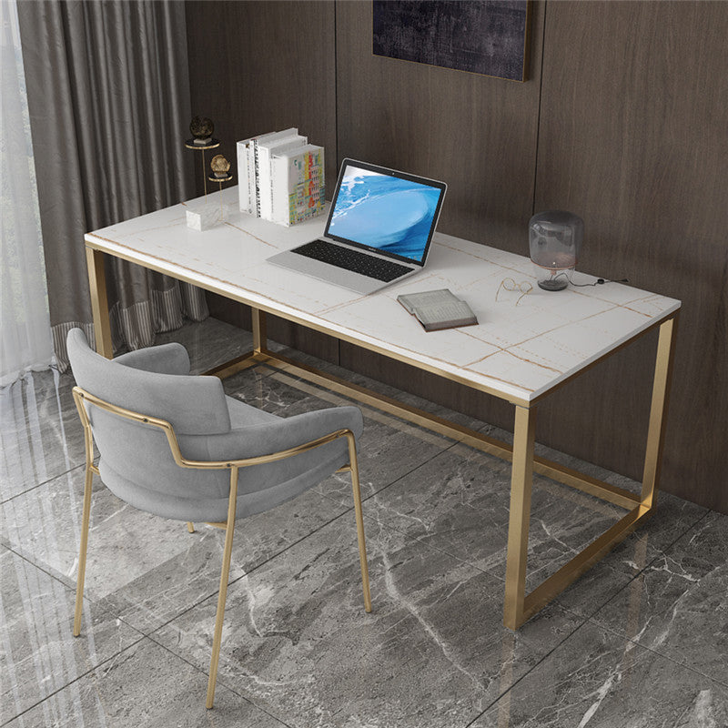 Glam Stone Office Desk 29.53" Tall Rectangular Writing Desk with Iron Base 63"L x 31.5"W x 29.5"H Clearhalo 'furn' 'furn_office_desk' 'Furniture' 'Office Desks' 'Office Furniture' 'office_desk' 6458683