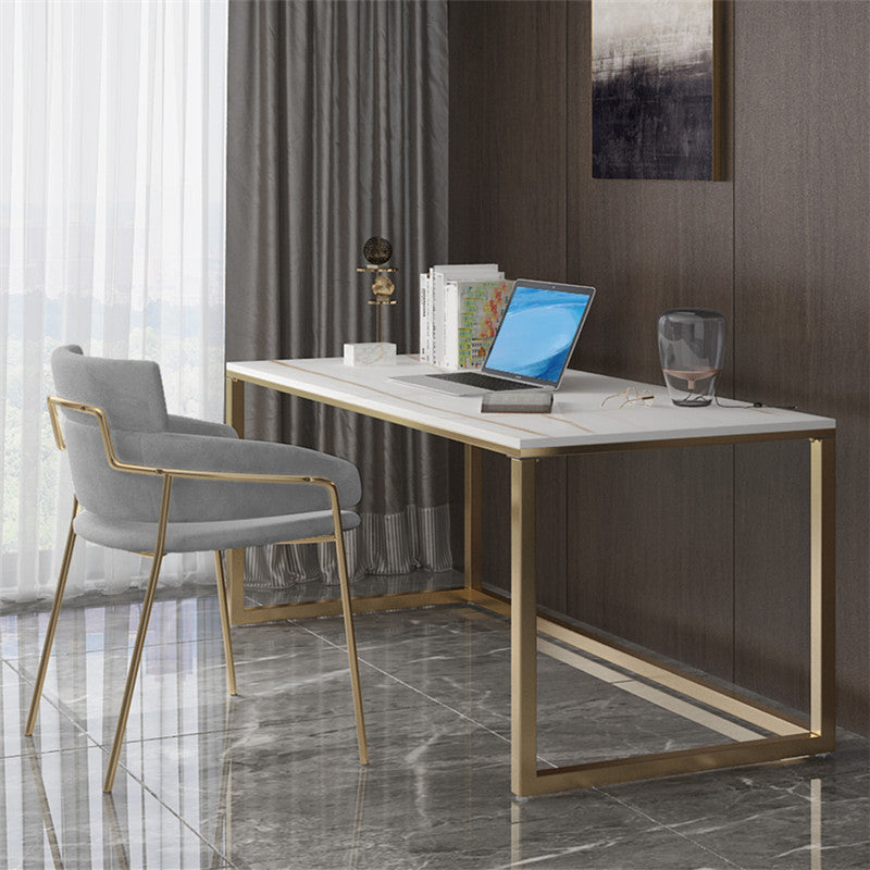 Glam Stone Office Desk 29.53" Tall Rectangular Writing Desk with Iron Base 59.1"L x 31.5"W x 29.5"H Clearhalo 'furn' 'furn_office_desk' 'Furniture' 'Office Desks' 'Office Furniture' 'office_desk' 6458684