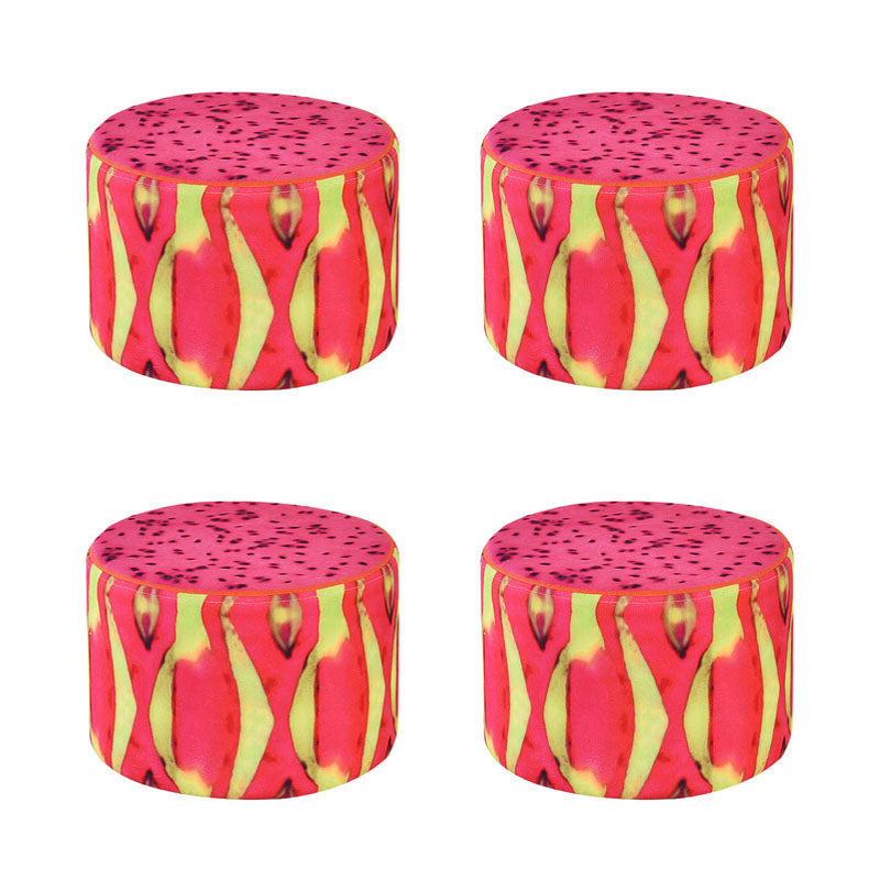 Round Pouf Upholstered Scratch Resistant Contemporary Fruit Printed Fabric Footstool 11"L x 11"W x 8"H Pink 4 Piece Set Clearhalo 'furn' 'furn_ottomans_poufs' 'Furniture' 'Living Room Furniture' 'Ottomans & Poufs' 'ottomans_poufs' 6460491