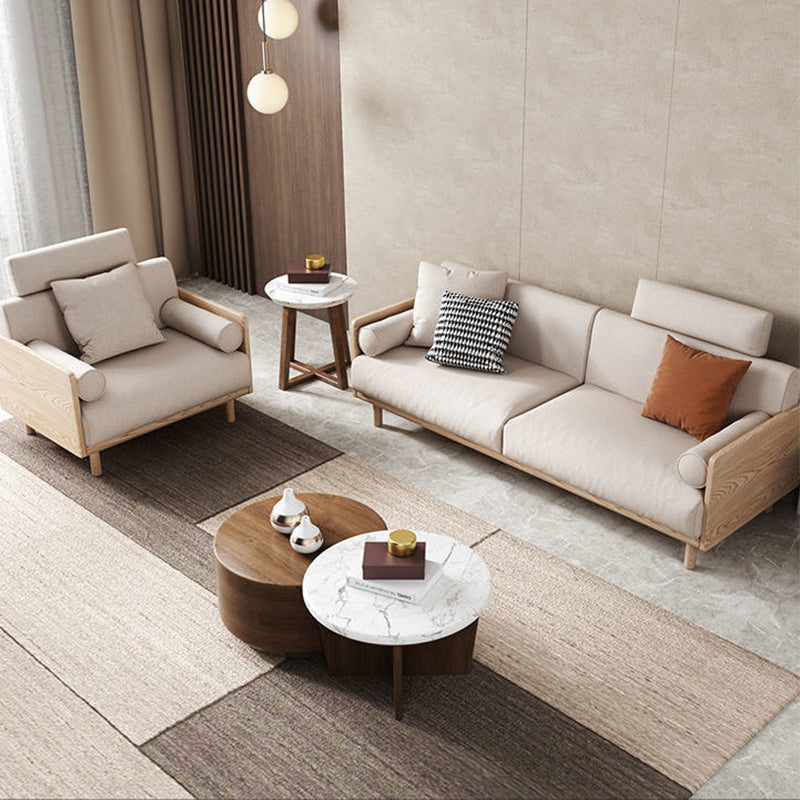Contemporary Sofa with Loose Back and Pillows in Linen and Solid Wood