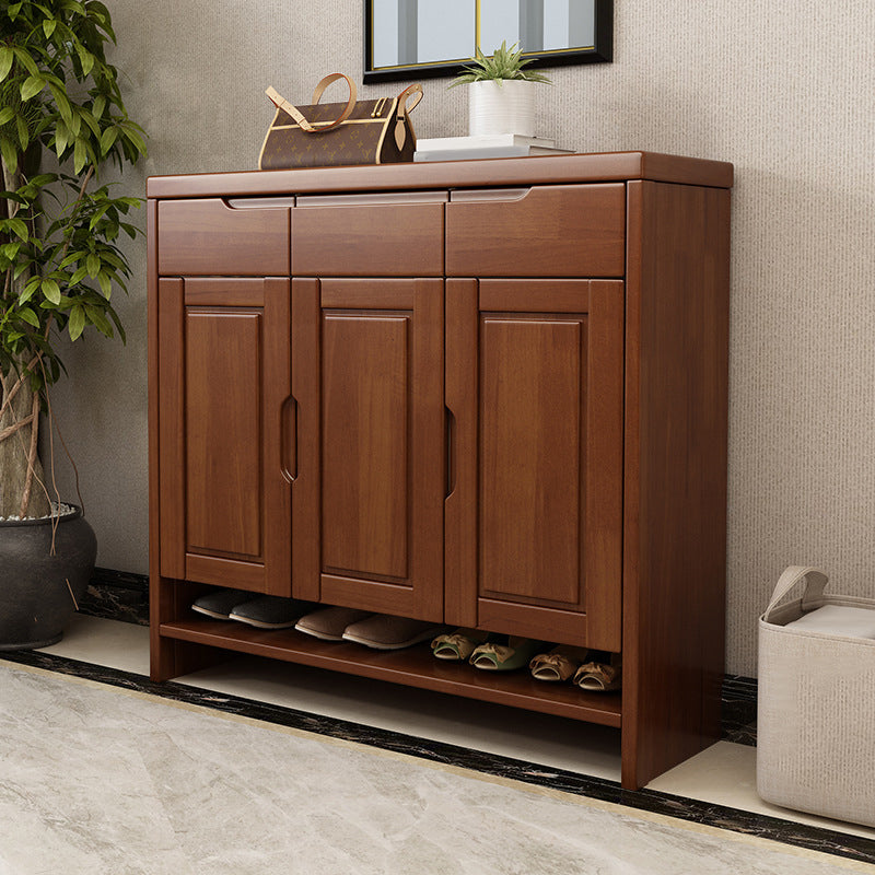 Mid-Century Modern Accent Cabinet Rubberwood 3 - Drawer With Doors Cabinet Nut-Brown Clearhalo 'Cabinets & Chests' 'cabinets_chests' 'furn' 'furn_cabinets_chests' 'Furniture' 'Living Room Furniture' 6461604
