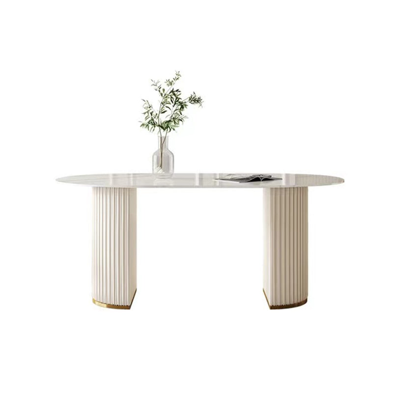 Table à manger ovale en pierre, table à manger à double piédestal pour salle à manger