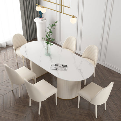 Table à manger ovale en pierre, table à manger à double piédestal pour salle à manger
