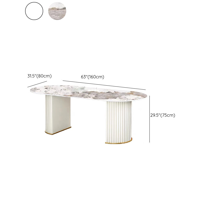 Table à manger ovale en pierre, table à manger à double piédestal pour salle à manger