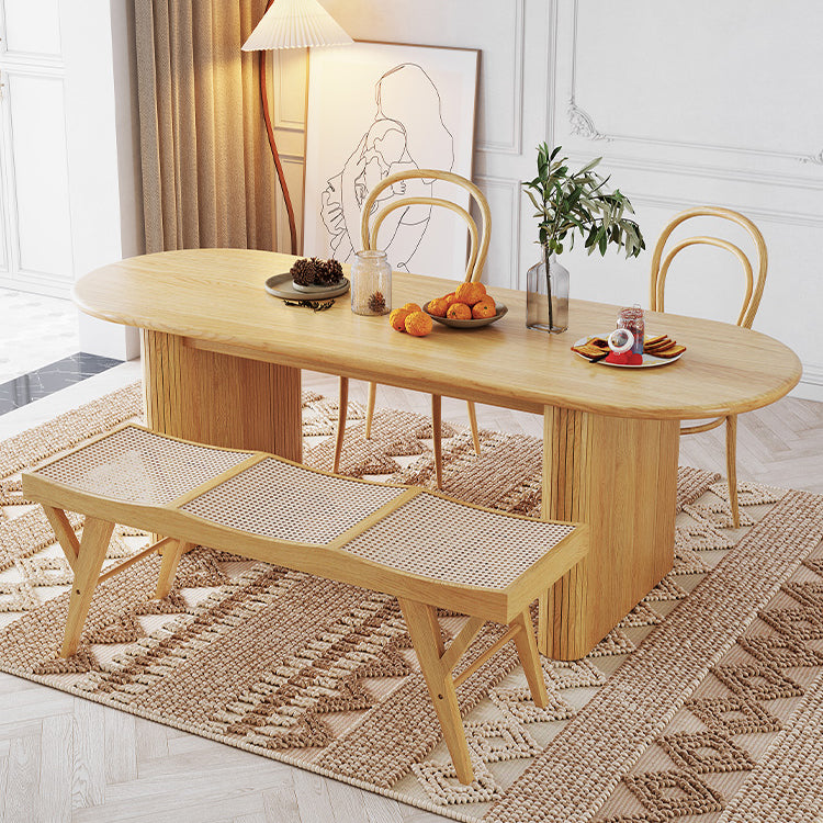 Mesa de comedor ovalada moderna de madera maciza con pedestal doble en color natural