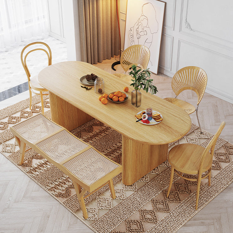 Mesa de comedor ovalada moderna de madera maciza con pedestal doble en color natural