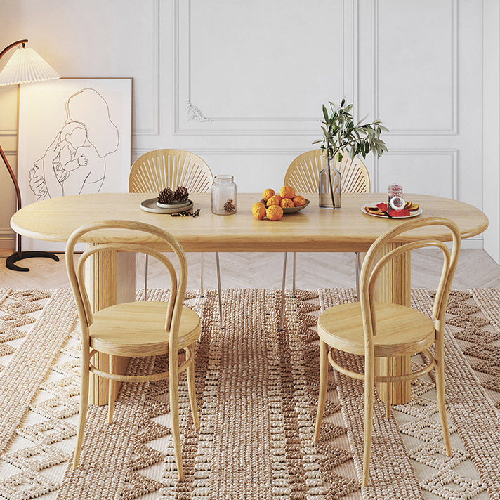 Mesa de comedor ovalada moderna de madera maciza con pedestal doble en color natural