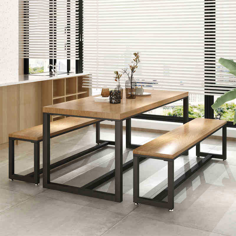 Natural Finish Rectangle Dining Table Industrial Dinette Table with Metal Frame