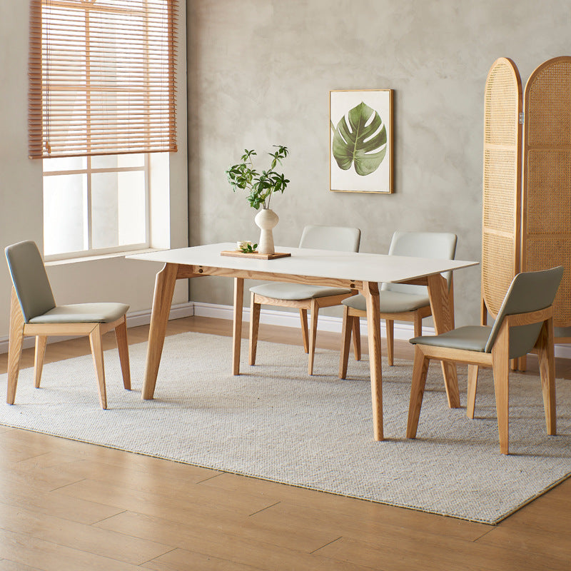 Mid-Century Modern Dining Table White Stone Top Table with Wooden Base 55.1"L x 31.5"W x 29.5"H Without Chairs Clearhalo 'Dining Tables & Seating' 'Dining Tables' 'dining_table' 'furn' 'furn_dining_table' 'Furniture' 'Kitchen & Dining Furniture' 6463814