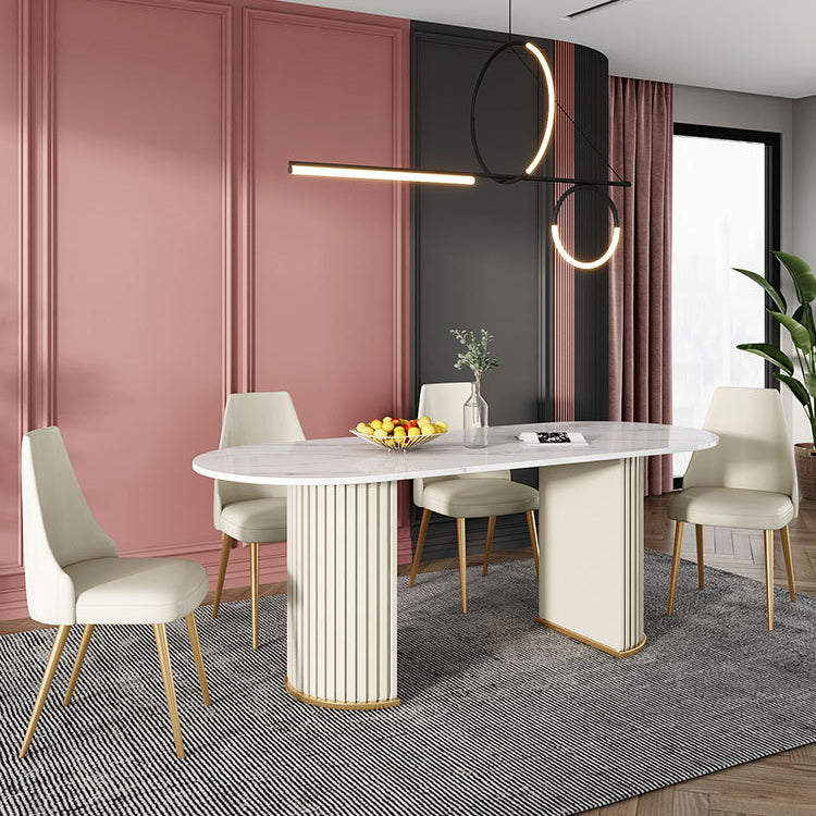 Glam Style Oval Table Sintered Stone Table with Metal Legs for Home Beige 63"L x 31.5"W x 29.5"H Without Chairs Clearhalo 'Dining Tables & Seating' 'Dining Tables' 'dining_table' 'furn' 'furn_dining_table' 'Furniture' 'Kitchen & Dining Furniture' 6463860