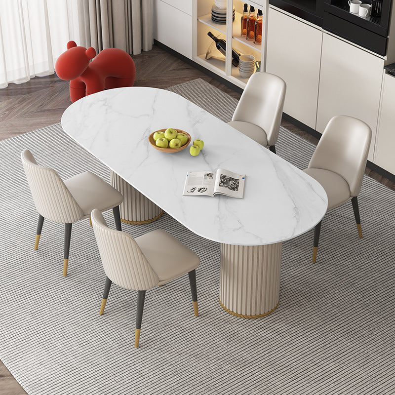 Mesa ovalada estilo Glam, mesa de piedra sinterizada con patas de metal para uso doméstico