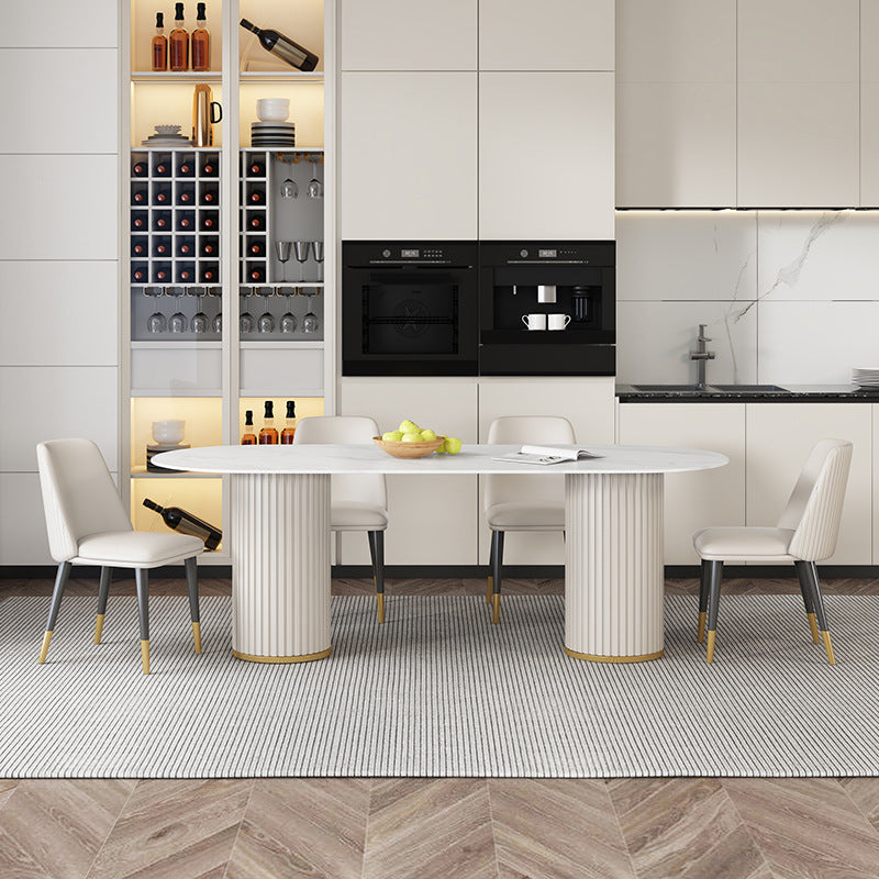 Mesa ovalada estilo Glam, mesa de piedra sinterizada con patas de metal para uso doméstico