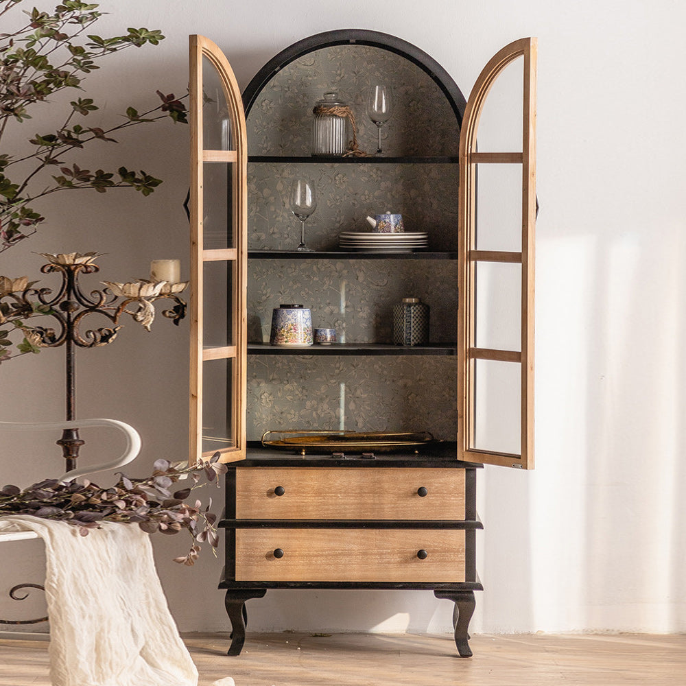 伝統的な松のディスプレイスタンドガラスドアリビングルーム用の収納キャビネット