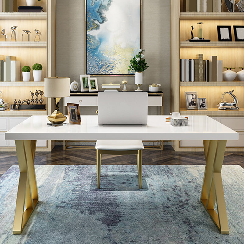 Wooden Rectangular Writing Desk Glam 29.53" Tall Office Desk with Iron Legs 55.1"L x 27.6"W x 29.5"H No Drawer Clearhalo 'furn' 'furn_office_desk' 'Furniture' 'Office Desks' 'Office Furniture' 'office_desk' 6471394